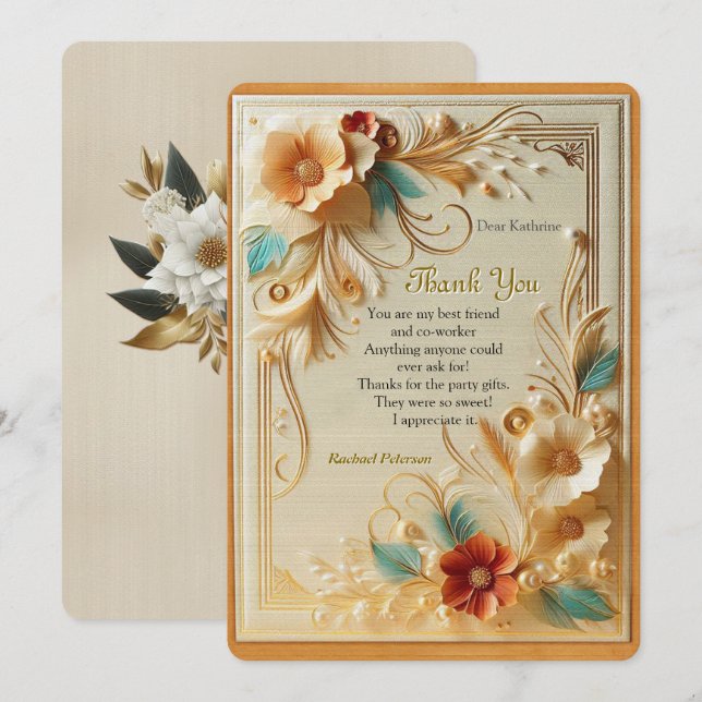 Carte De Remerciements Chic, Elegant Crèmes & cuir texture fleur look (Devant / Derrière)