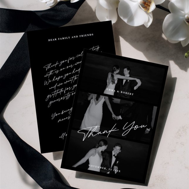 Carte De Remerciements Chic Elegant Script Black 3 Mariage photo (Chic Elegant Script Black 3 Photo Wedding Thank You Card)