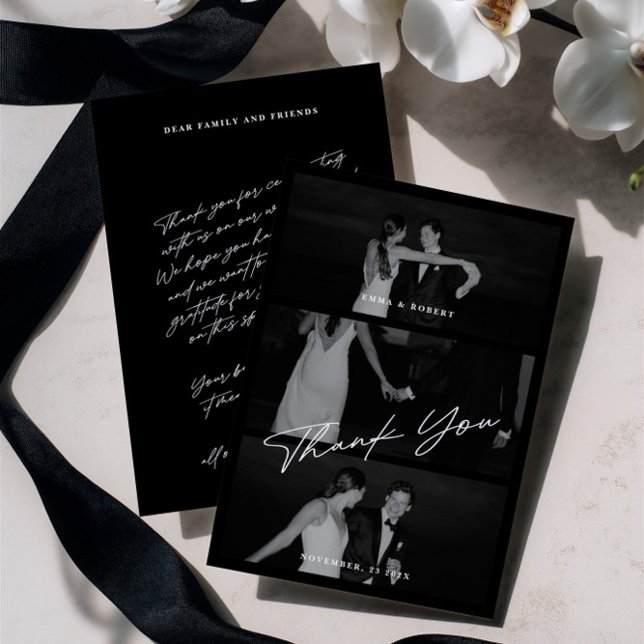 Carte De Remerciements Chic Elegant Script Black 3 Mariage photo (Chic Elegant Script Black 3 Photo Wedding Thank You Card)