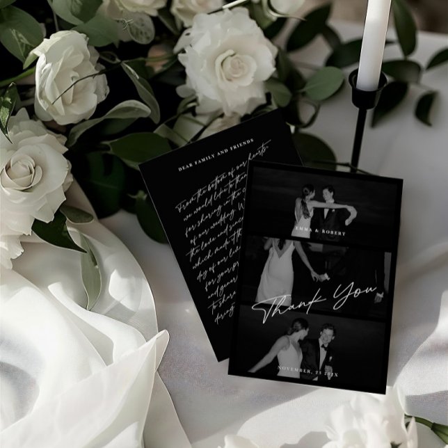Carte De Remerciements Chic Elegant Script Black 3 Mariage photo (Chic Elegant Script Black 3 Photo Wedding Thank You Card)
