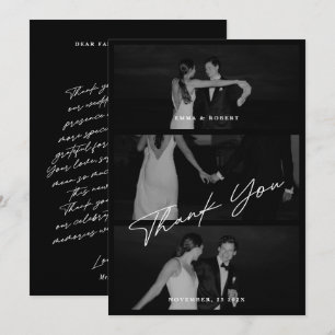 Carte De Remerciements Chic Élégant Script Noir 3 Photo Mariage