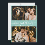 Carte De Remerciements Chic Elegant Turquoise 3 Photo Collage Mariage<br><div class="desc">Moderne, élégant "Amour et Merci" Script Turquoise Green Mariage 3 Photo Collage Carte de remerciements. Élégant, chic, carte de remerciements mariage modèle avec trois (3) photos sur le devant et une (1) photo sur le dos. Avec le texte "Amour et merci" script dans une tourbillonnant police de typographie lettrée à...</div>