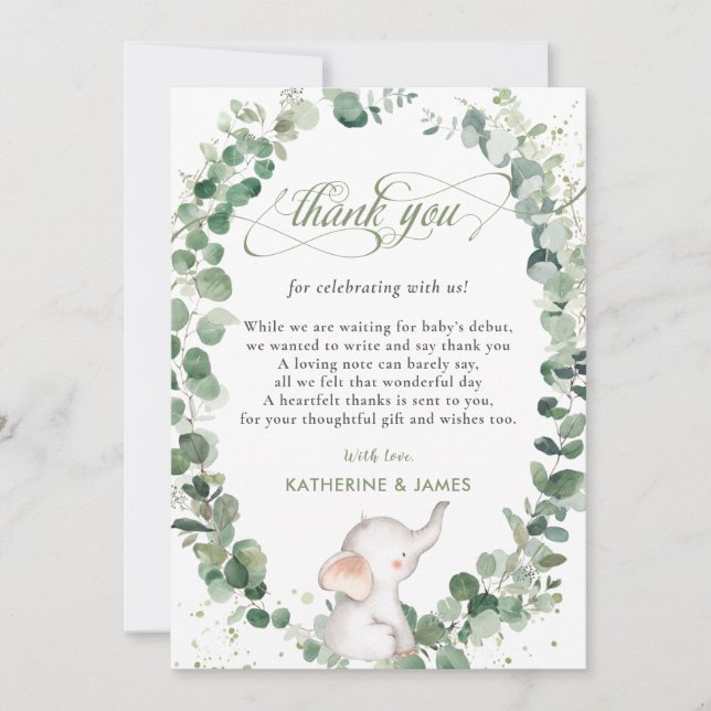 Carte De Remerciements Chic Elephant Green Baby shower neutre genre (Devant)