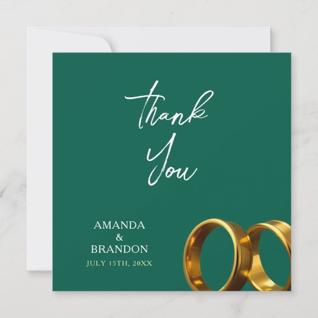 Carte De Remerciements Chic Emerald Green Gold Rings Wedding (Devant)
