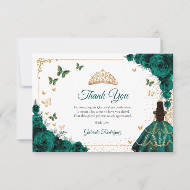 Carte De Remerciements Chic Emerald Green Roses Gold Quinceanera (Devant)