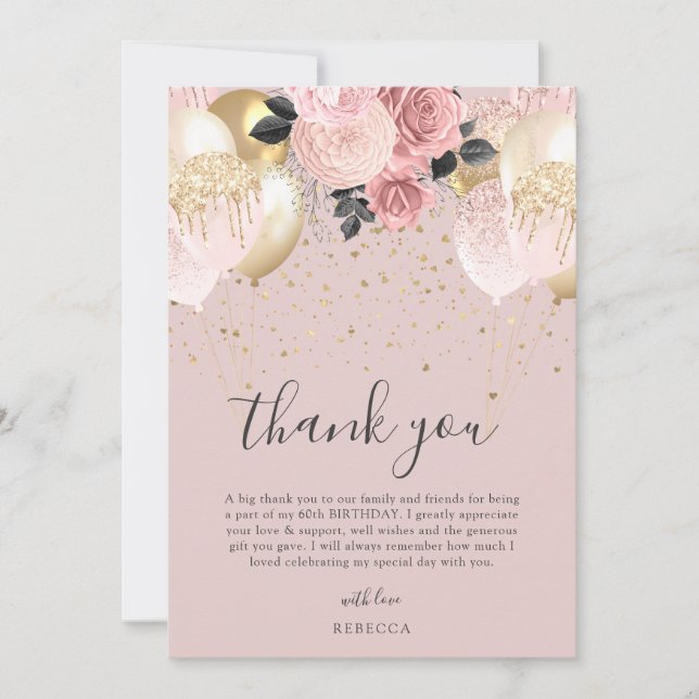 Carte De Remerciements Chic fille rose & or Anniversaire (Devant)