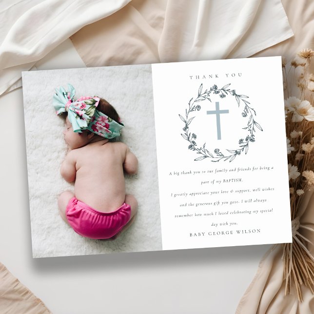 Carte De Remerciements Chic Floral Laurel Wreath Dusky Blue Grey Baptême (Créateur téléchargé)