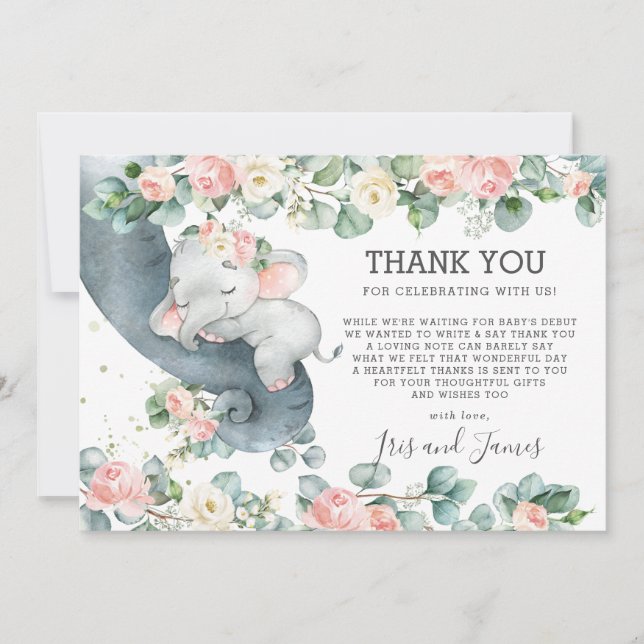 Carte De Remerciements Chic Floral verdure Elephant Baby shower fille (Devant)
