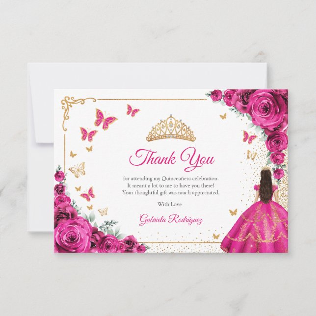 Carte De Remerciements Chic Fuchsia Pink Roses Gold Quinceanera (Devant)