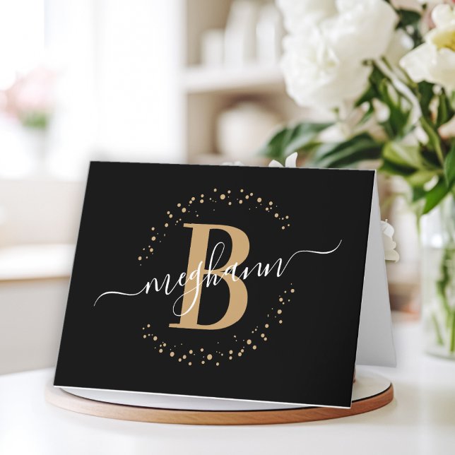 Carte De Remerciements Chic Girly moderne Black Gold Nom Script Monogramm (Créateur téléchargé)