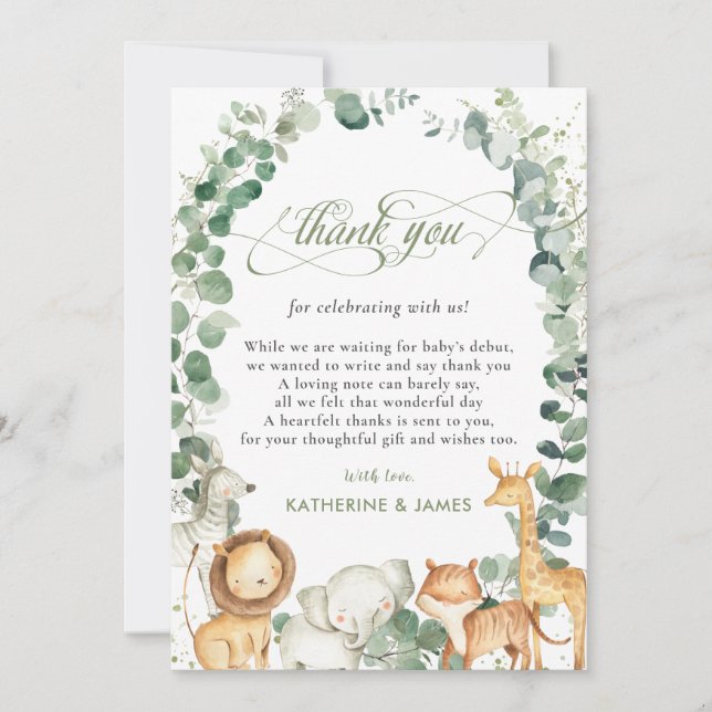 Carte De Remerciements  Chic Jungle Animaux Baby shower verdoyant  (Devant)