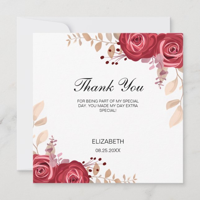 Carte De Remerciements Chic Maroon Rose Floral Greenery Birthday (Devant)