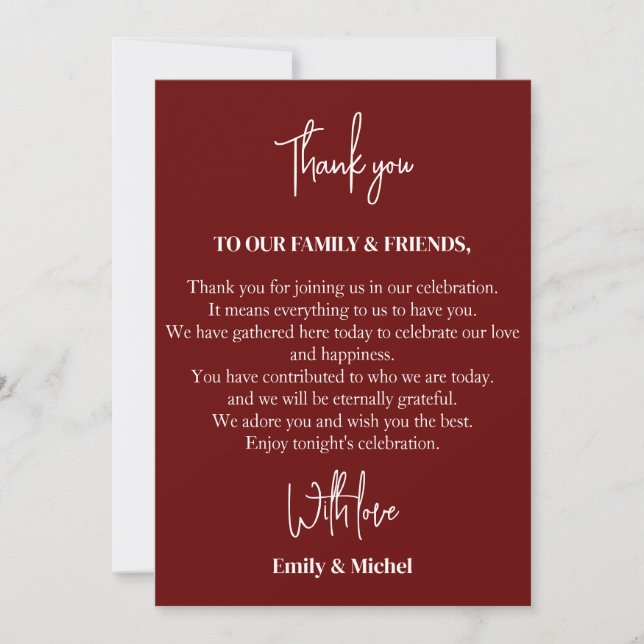 Carte De Remerciements Chic Maroon Sienna table de réception de mariage (Devant)