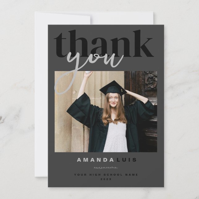 Carte De Remerciements Chic Modern Photo Charcoal Graduation (Devant)