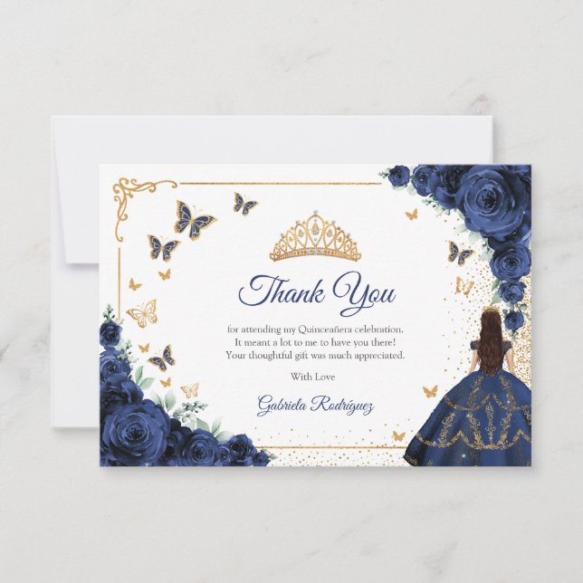 Carte De Remerciements Chic Navy Roses Gold Quinceanera (Devant)