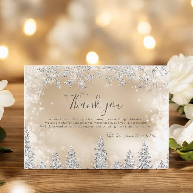 Carte De Remerciements Chic or Hiver argent mariage de pin (Chic gold Winter silver snow pine wedding Thank You Card)
