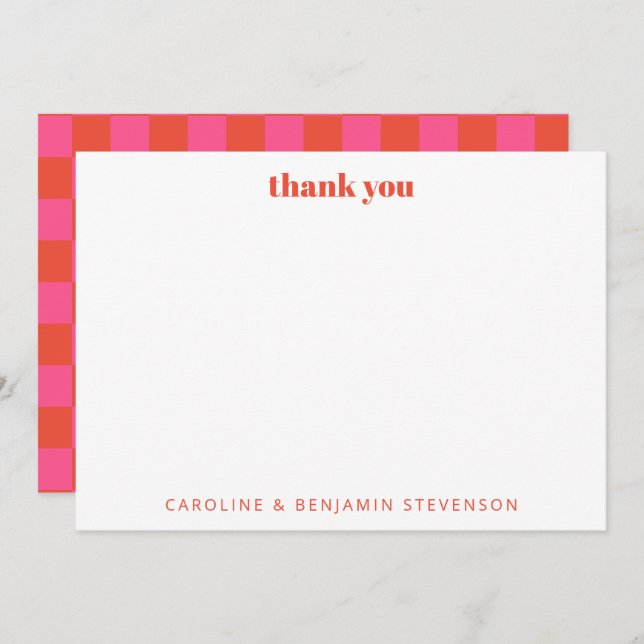 Carte De Remerciements Chic Pink Orange Checkerboard personnalisé (Devant / Derrière)