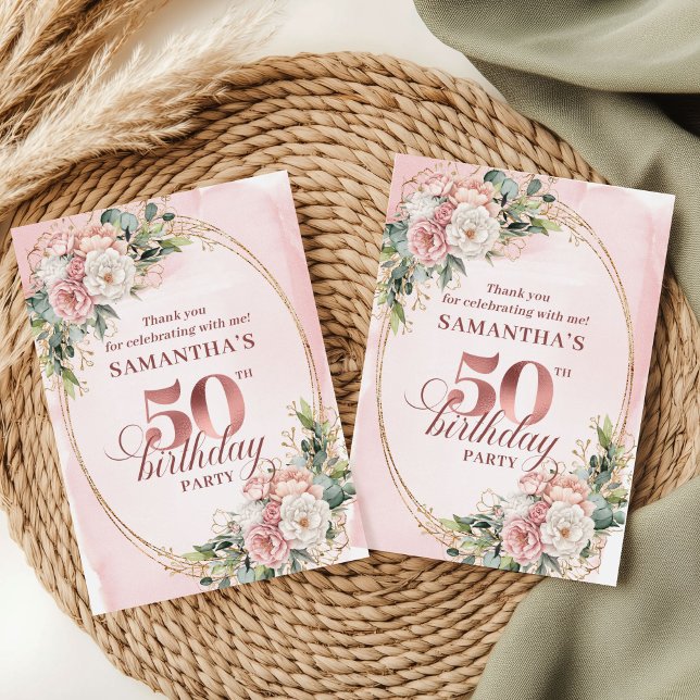 Carte De Remerciements Chic Rose Gold Blush Floral Greenery 50th Birthday (Express your heartfelt appreciation with these elegant 50th birthday thank you cards designed in sof)