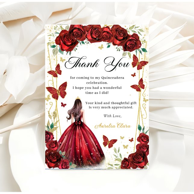 Carte De Remerciements Chic Roses Rouges Papillons Floraux Quinceañera (Créateur téléchargé)