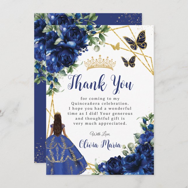 Carte De Remerciements Chic Royal Blue Flowers Floral Quinceañera (Devant / Derrière)