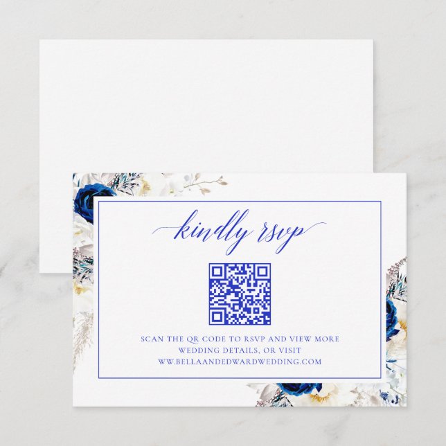 Carte De Remerciements Chic Royal Blue Mariage Site Web RSVP QR Code Card (Devant / Derrière)