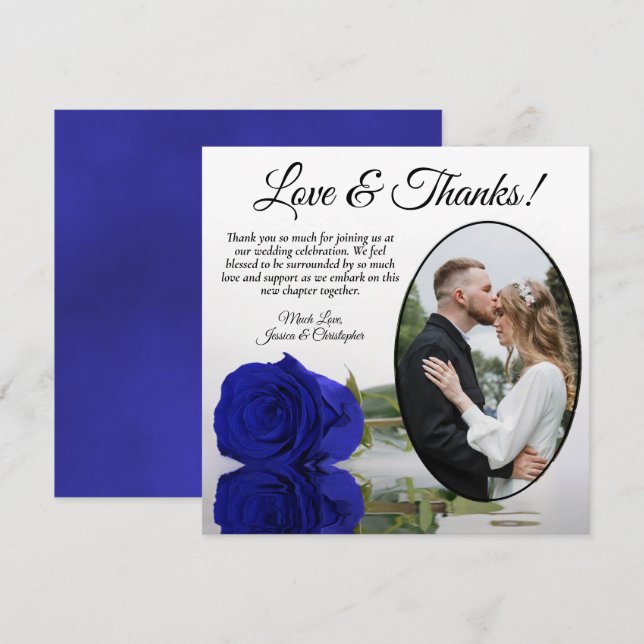 Carte De Remerciements Chic Royal Blue Rose Oval Photo Mariage romantique (Devant / Derrière)