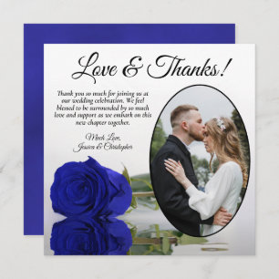 Carte De Remerciements Chic Royal Blue Rose Oval Photo Mariage romantique