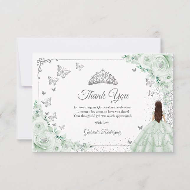Carte De Remerciements Chic Sage Green Roses Silver Quinceanera (Devant)