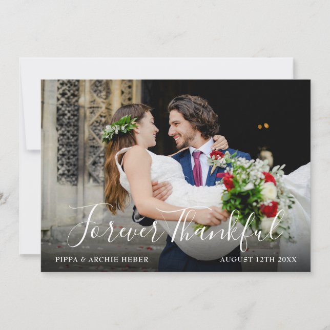 Carte De Remerciements Chic Script Mariage Photo Forever Thankful (Devant)