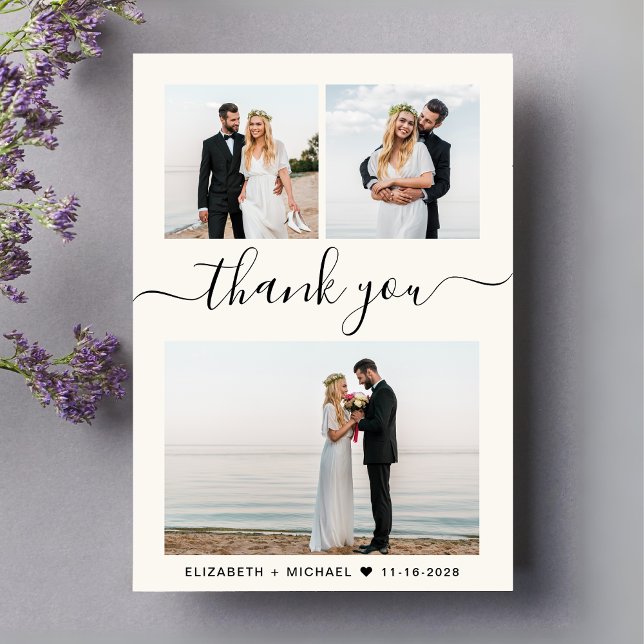 Carte De Remerciements Chic Script Photo Collage Mariage de crème (Celebrate your love story with a thank you card showcasing 3 of your wedding day photos)