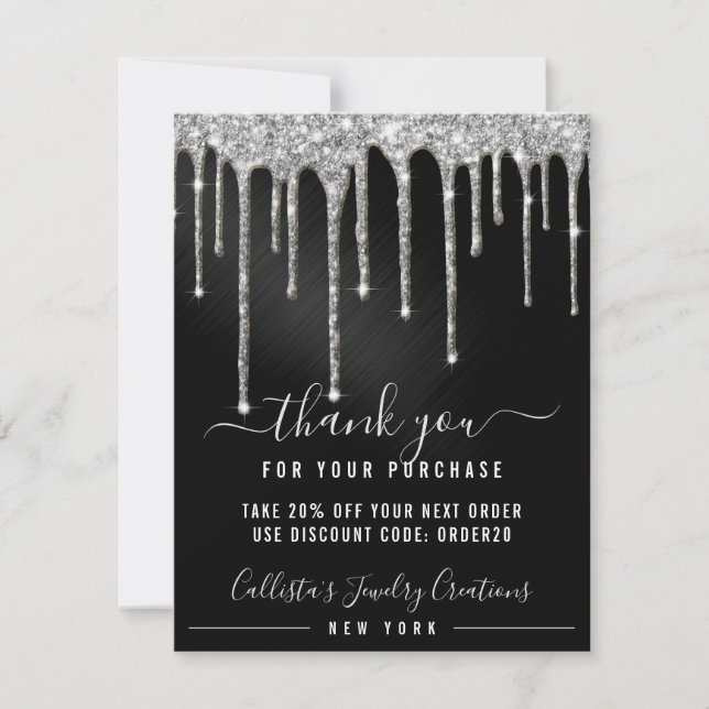 Carte De Remerciements Chic Silver Black Metallic Parties scintillant Dri (Devant)