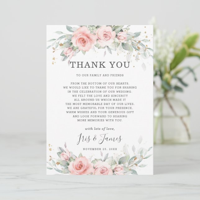 Carte De Remerciements Chic Soft Hued Blush Rose Floral Mariage (Debout devant)