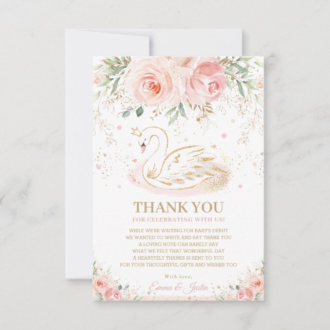 Carte De Remerciements Chic Swan Princess Blush rose Baby shower Floral (Devant)