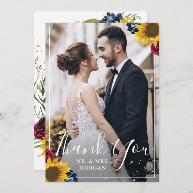 Carte De Remerciements Chic Tournesol Bourgogne Marine Blue Floral Photo (Devant / Derrière)