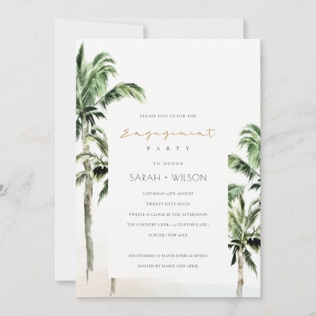 Carte De Remerciements Chic Tropical Beach Palm Trees Fiançailles Invitat (Devant)