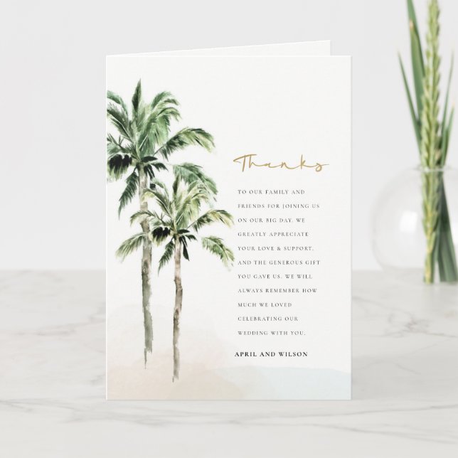 Carte De Remerciements Chic Tropical Beach Palm Trees Mariage aquarelle (Devant)