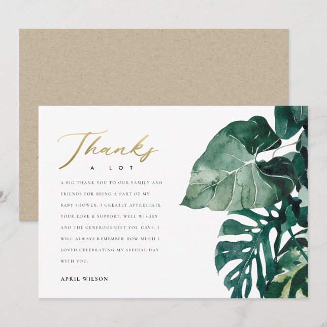 Carte De Remerciements Chic Tropical Monstera Foliage Baby shower vert (Devant / Derrière)