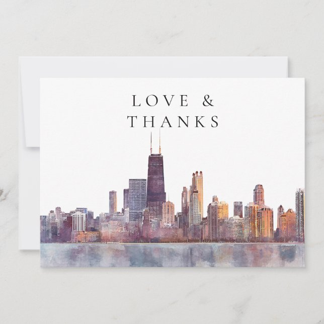 Carte De Remerciements Chicago Skyline Watercolor Wedding Photo (Devant)