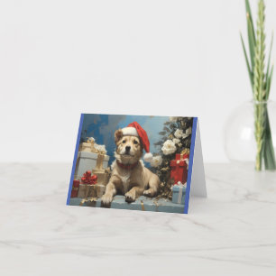 Carte De Remerciements chien avec chapeau santa et de nombreuses boîtes c