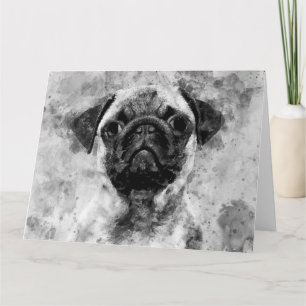 Carte De Remerciements Chien Carlin Noir et Blanc Aquarelle 01