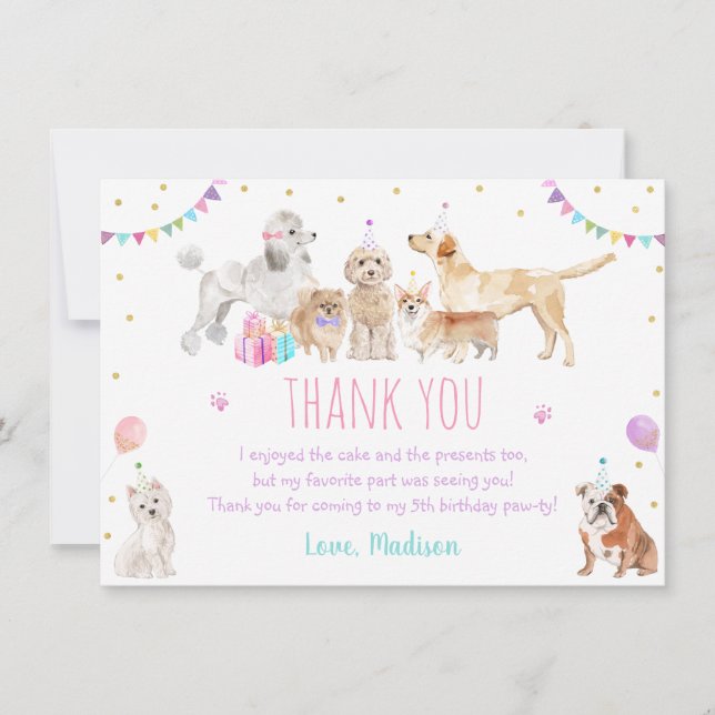 Carte De Remerciements Chien Chien rose Fille Paw-ty Anniversaire (Devant)
