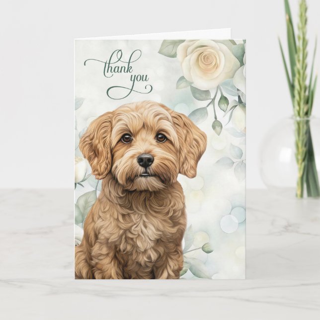 Carte De Remerciements Chien Cockapoo avec des roses blanches et du vert  (Devant)