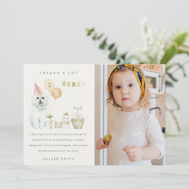 Carte De Remerciements Chien de rouille verte mignon pour photo de fête d (Debout devant)