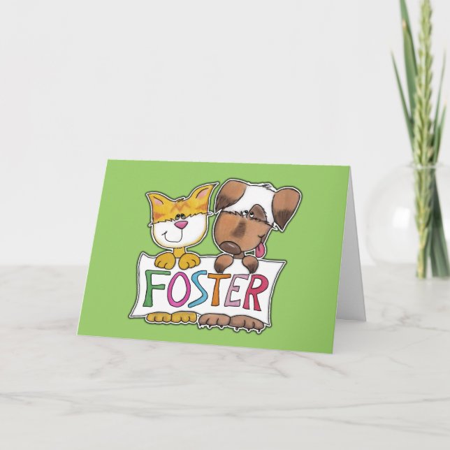 Carte De Remerciements Chien et chat tiennent une bannière FOSTER (Devant)