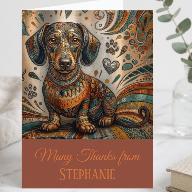 Carte De Remerciements Chien teckel à motif boho (Boho patterned dachshund note card for a dog lover to send a warm thank you message.)