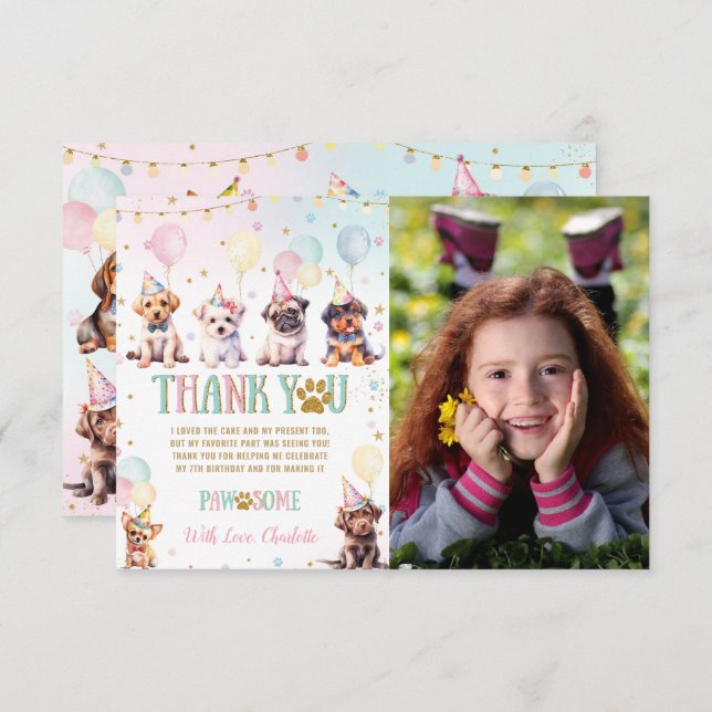 Carte De Remerciements Chiens de chiots mignons Ballons fête d'anniversai (Devant / Derrière)