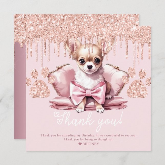 Carte De Remerciements Chihuahua Chien avec Parties scintillant fête d'an (Devant / Derrière)