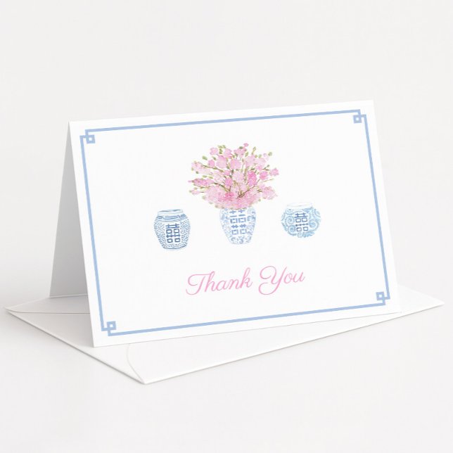 Carte De Remerciements Chinoiserie Chic Ciel Bleu Et Rose Fête Prénuptial (watercolor blue and white chinoiserie vase filled with pink sakura cherry blossom stems)