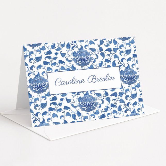 Carte De Remerciements Chinoiserie Chic Mariage Blue Et Blanc (Hand painted blue and white lotus flower chinoiserie pattern thank you card or personal stationery)