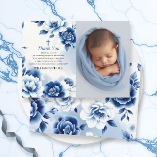 Carte De Remerciements Chinoiserie florale bleue, aquarelle Photo baptême